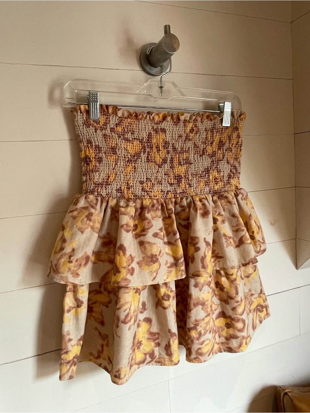 Smocked Tiered Floral Skater Skirt in Yellow and Tan